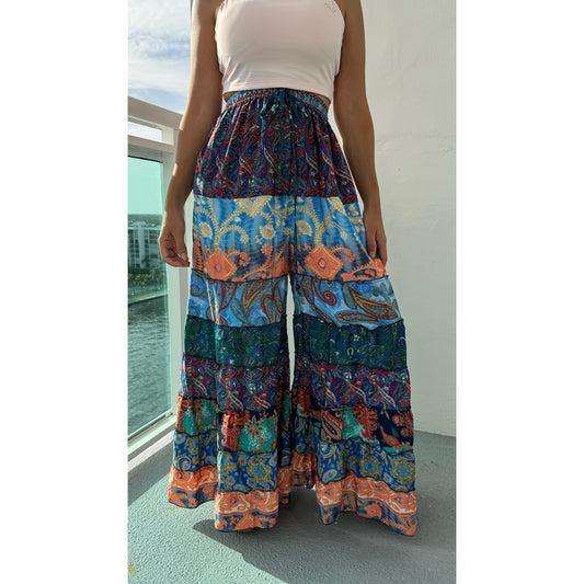 Mixed-print wide-leg trousers- One Size 100% Silk