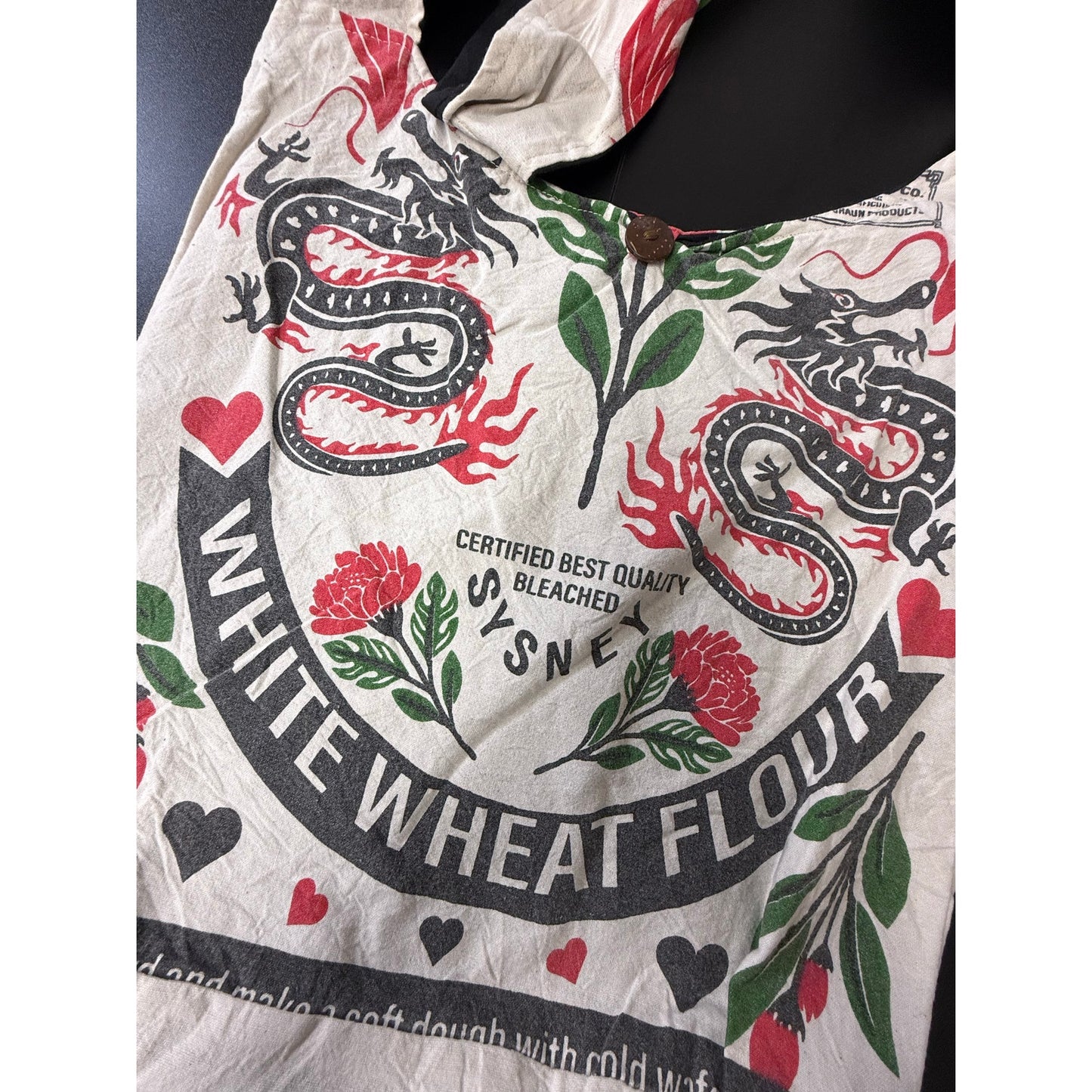 Dragon Flour Sack Purse Bag Cotton Tote Vintage Look Feed Sack Cross Body