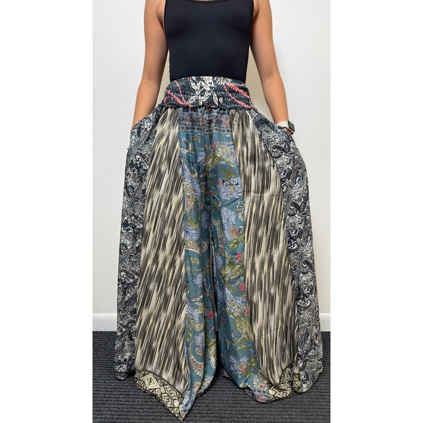 Mixed-print wide-leg trousers- One Size 100% Silk
