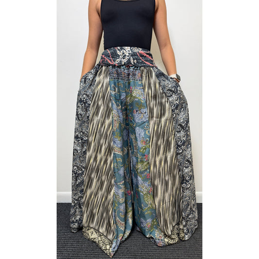 Mixed-print wide-leg trousers- One Size 100% Silk