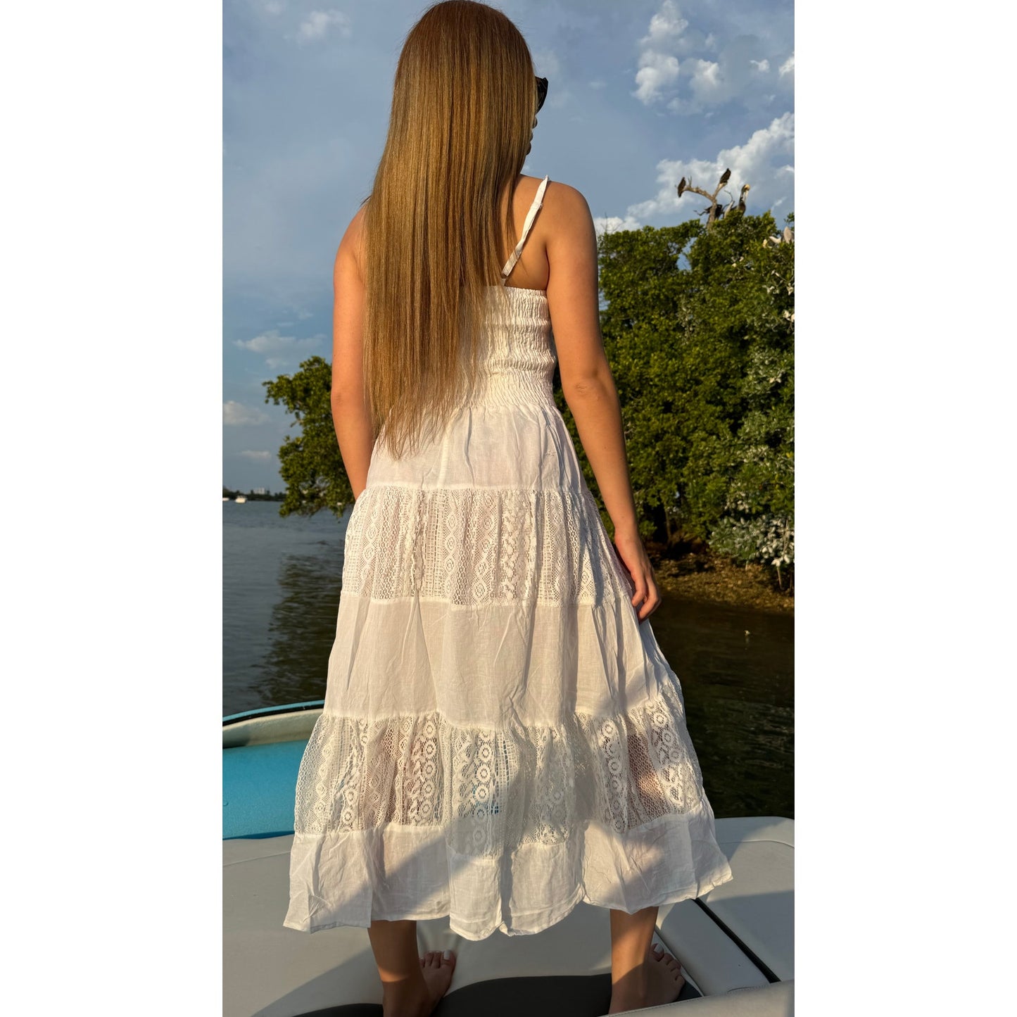 Trendy Dresses for Women White Casual Lace A-Line Dress Sleeveless Long Dress