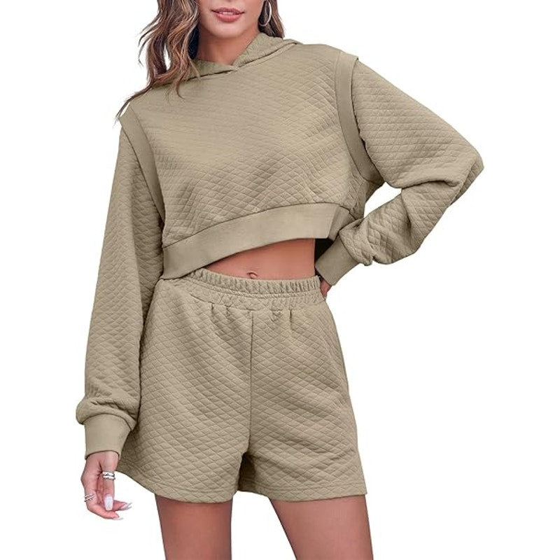 Fazortev Womens 2 Piece Outfits Cropped Hoodie Sweatshirt Lounge Shorts Casual