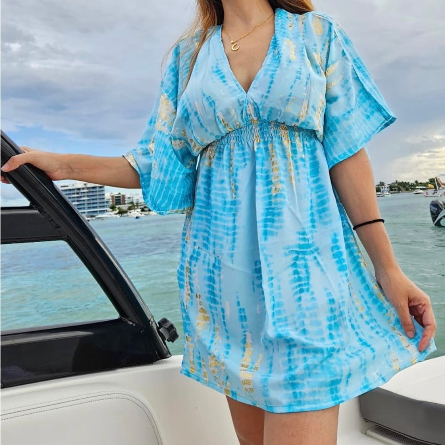 Turquoise Golden Batwing Sleeve Dress