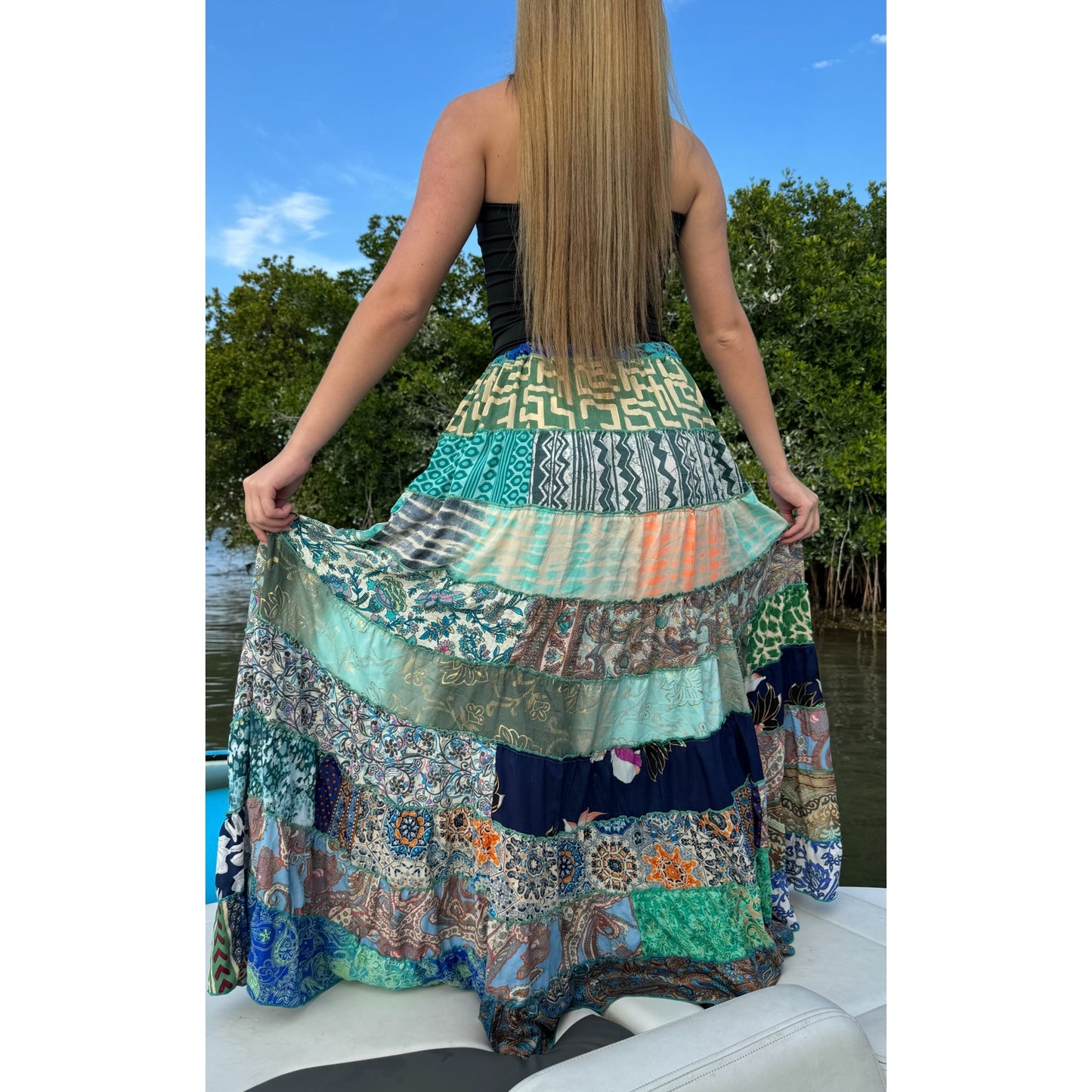 Mixed-Patchwork maxi skirt with pockets- One Size