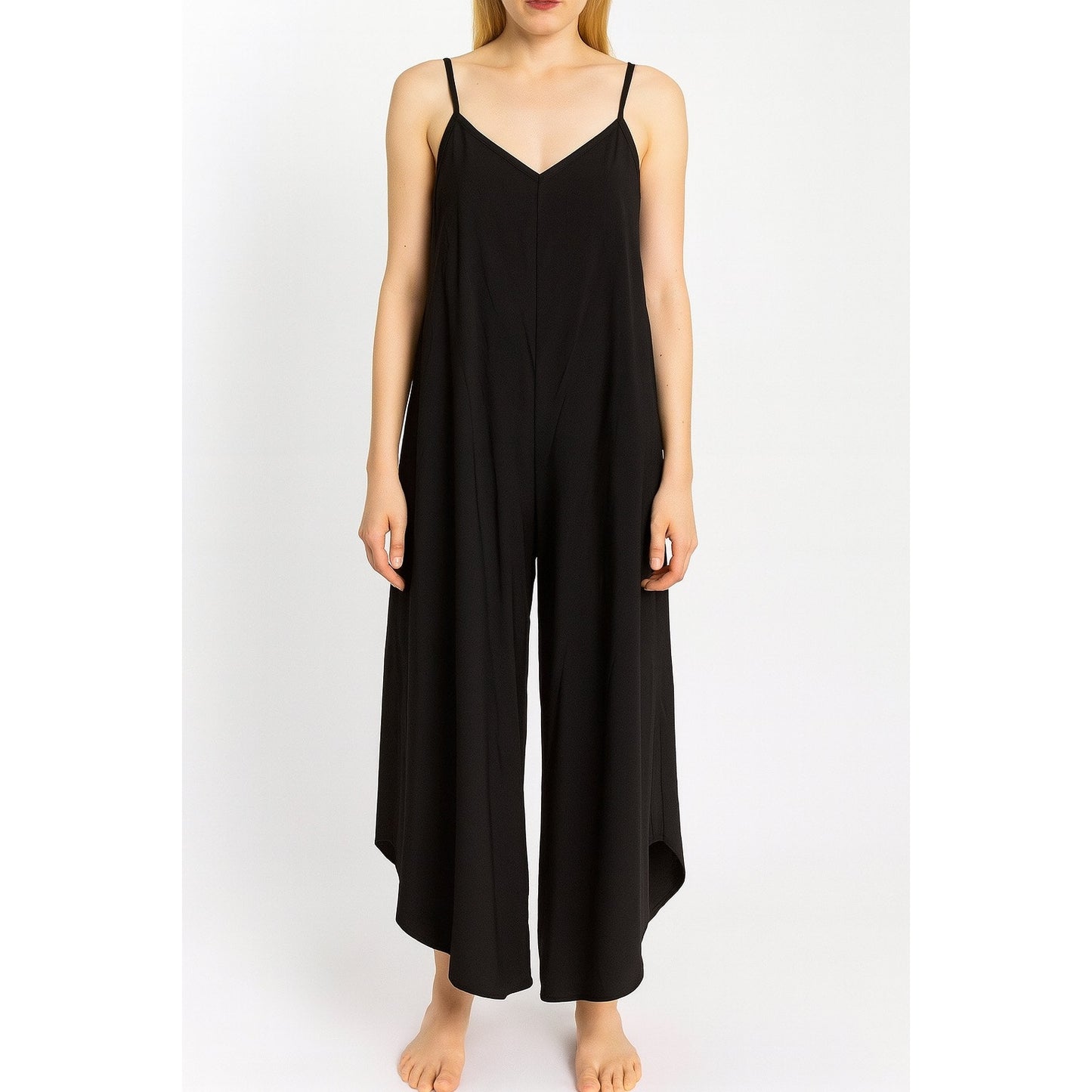 WASHED WOVEN SLOUCHY FITTED JUMPSUIT WITH CAMI STRAP. MADE IN USA