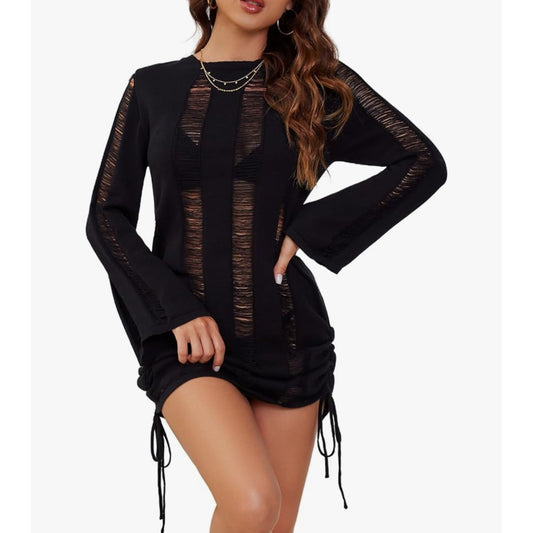 Summer Women's Sexy Swimwear Cover up Long Sleeve Beach Knitted Dresses