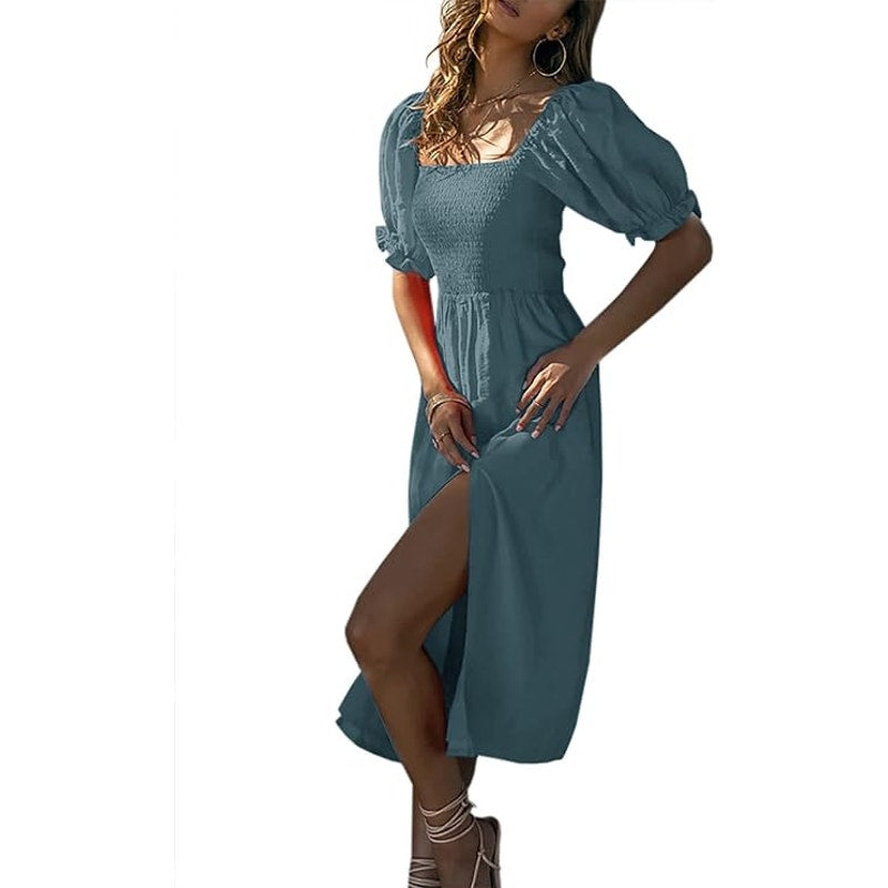 Women's Casual Puff Sleeve Dress Square Neck Smocked Boho Side Split Midi Dress