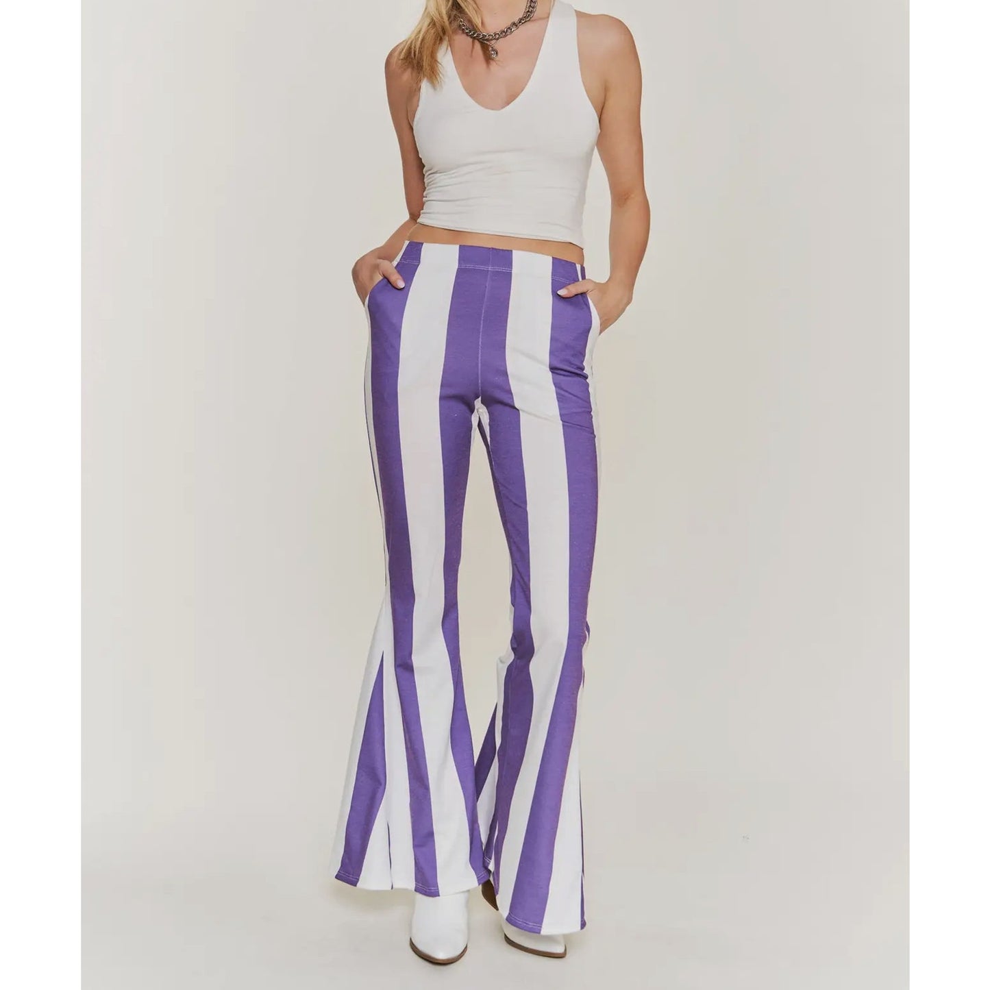 Striped elastic waist band flare pants