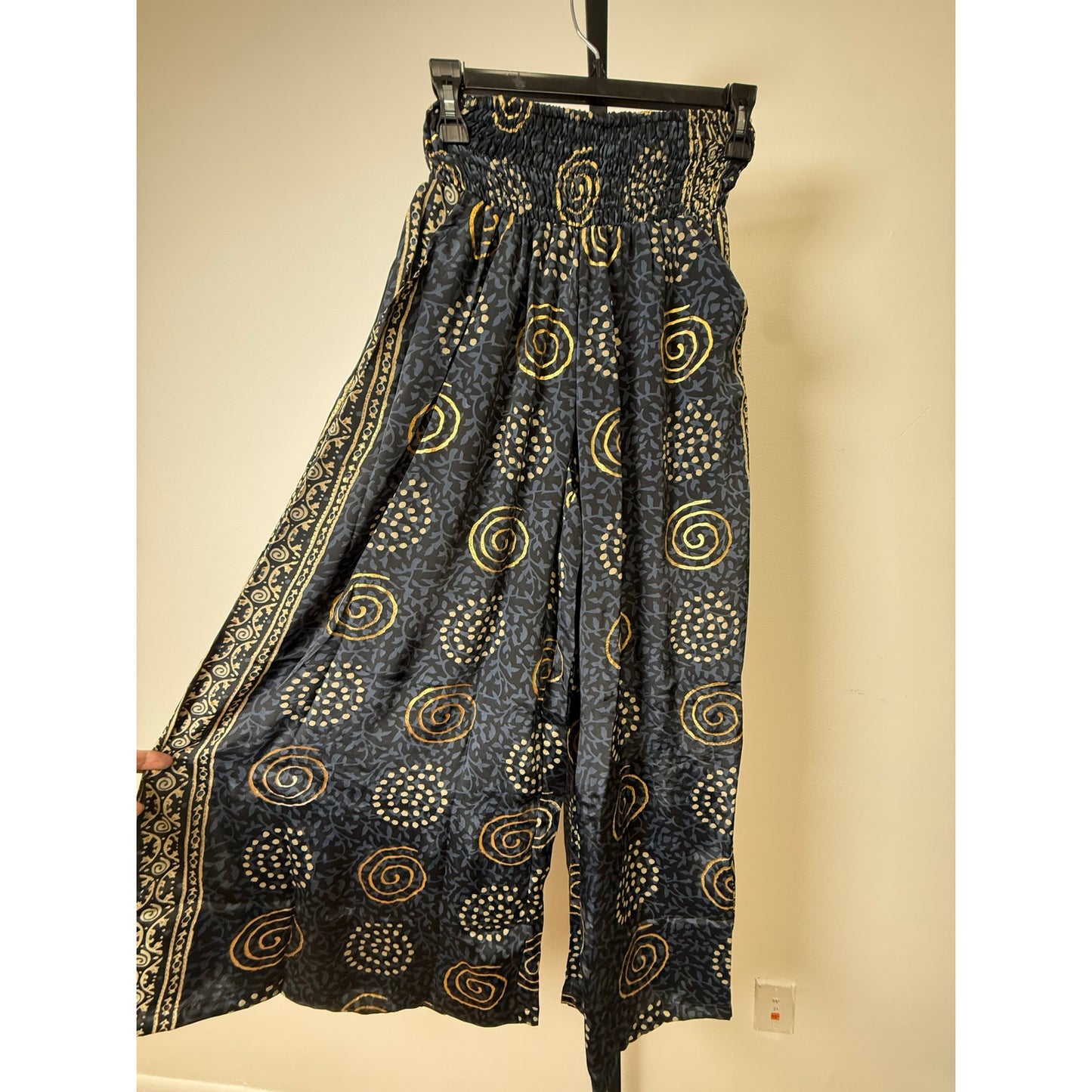 Black & Gold Boho Wide-Leg Resort Pants with Tassel Waist