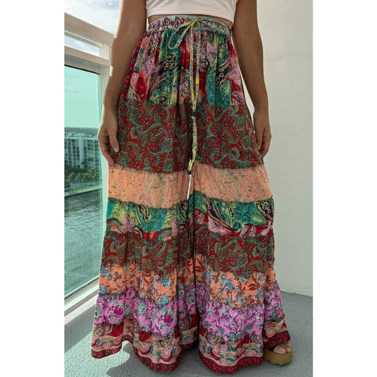 Mixed-print wide-leg trousers- One Size 100% Silk