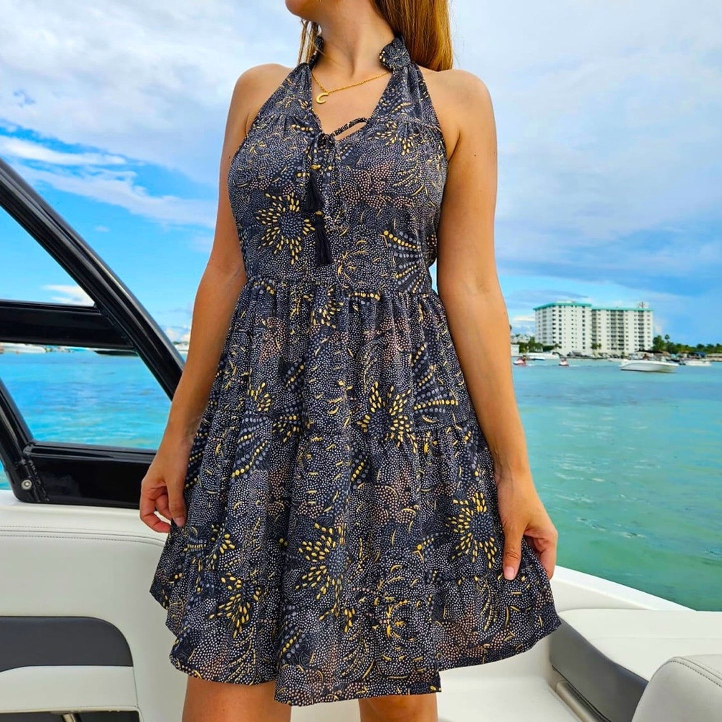 Black Floral Halter Neck Dress